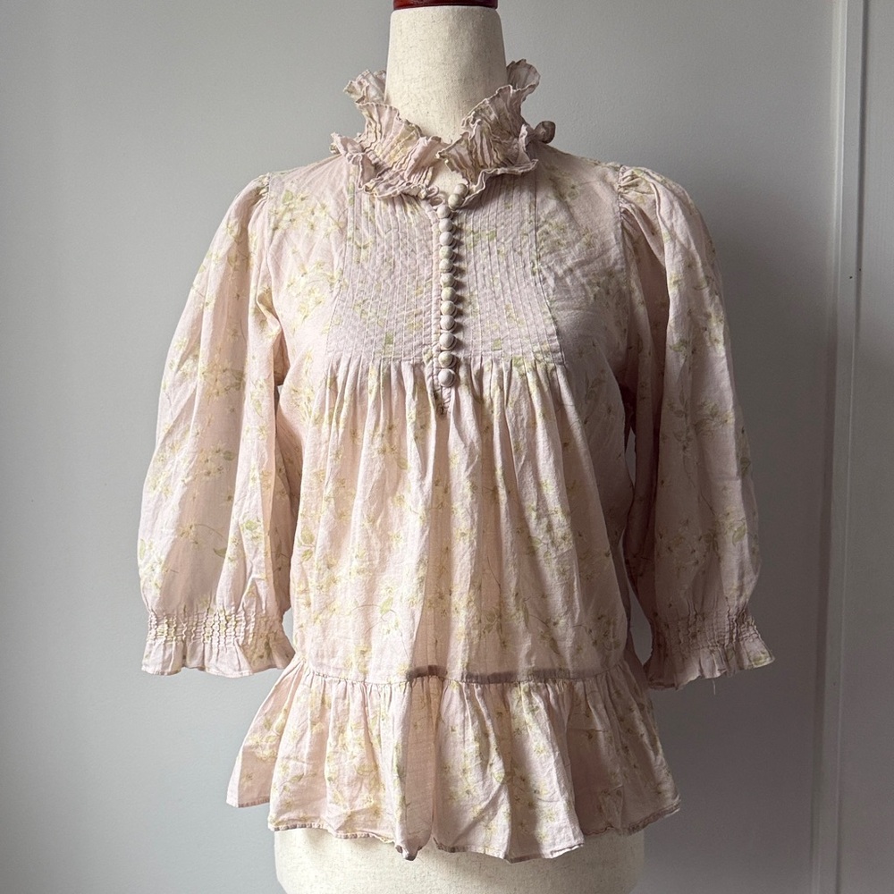 Rebecca Taylor Light Pink Floral Ruffle-Neck Blouse Size XS Oversized Cotton